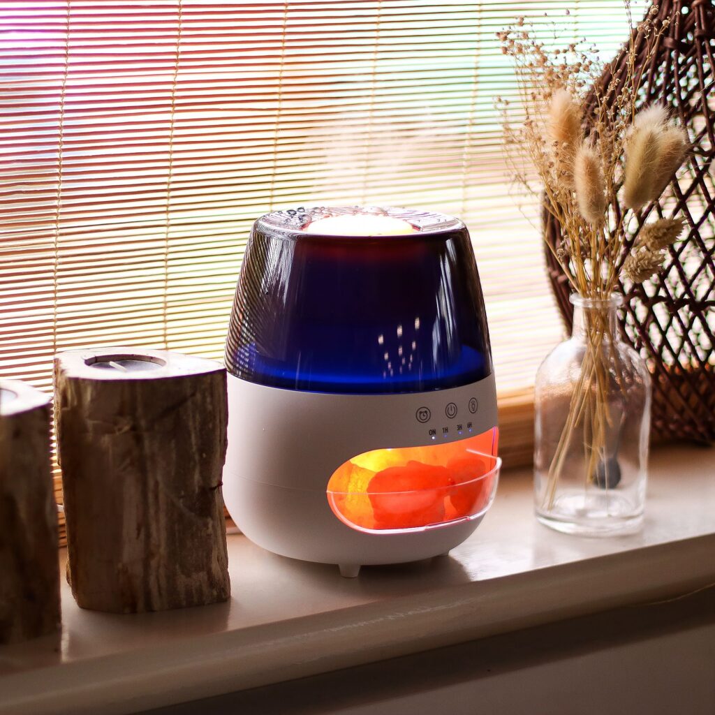 Diffuseur d'arômes avec effet flamme en pierre de sel - Blanc USB - Changement de couleur et minuterie