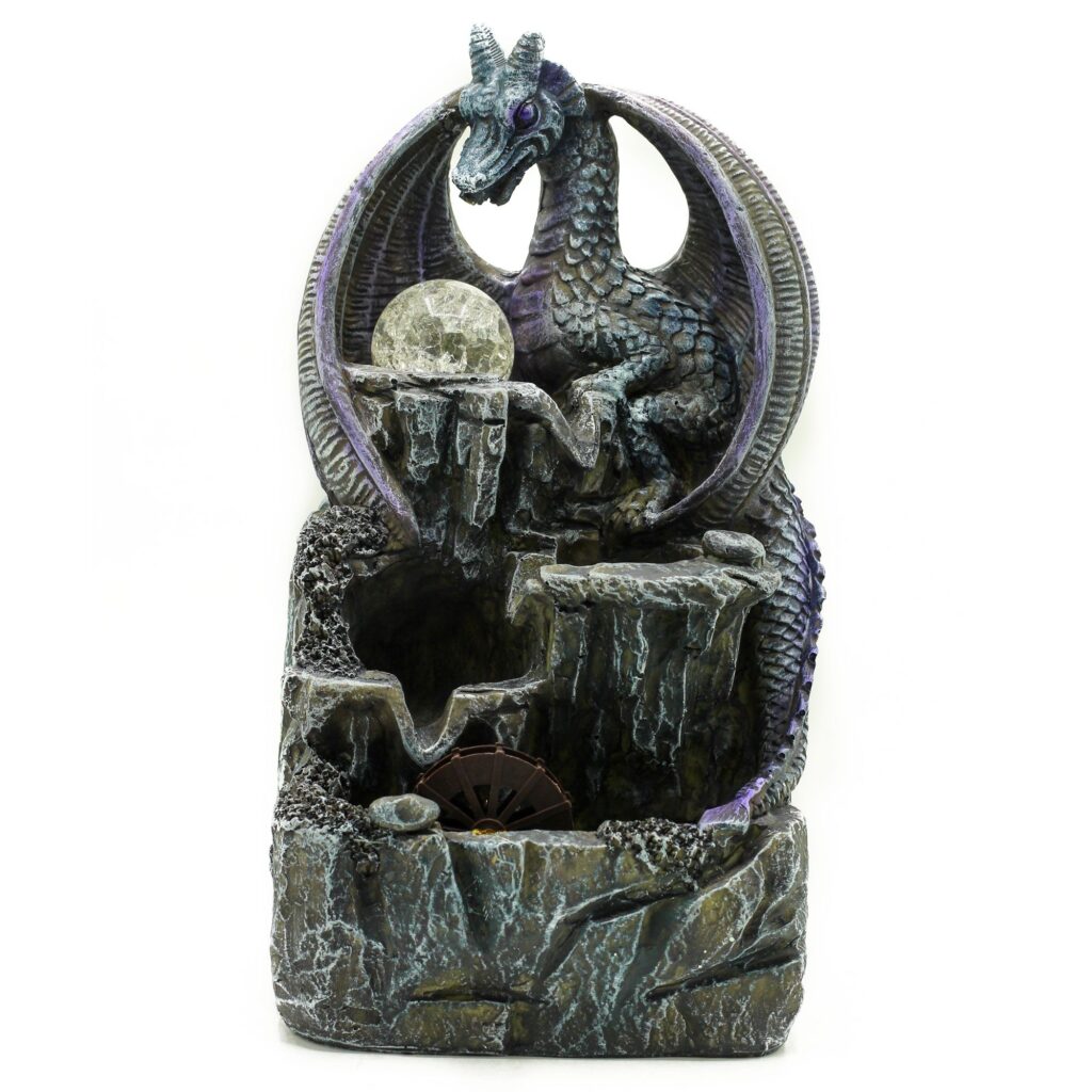 Fontaine d'intérieur – Dragon, boule de cristal et roue à eau (35 cm)