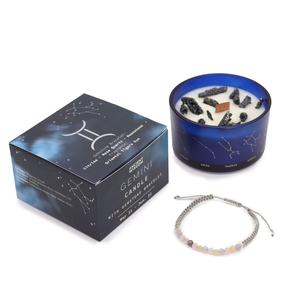 Bougie en Cristal du Zodiaque avec Bracelet Pierres Précieuses - Gémeaux