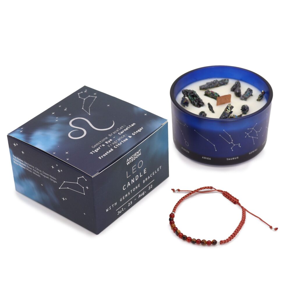 Bougie en Cristal du Zodiaque avec Bracelet Pierres Précieuses - Lion