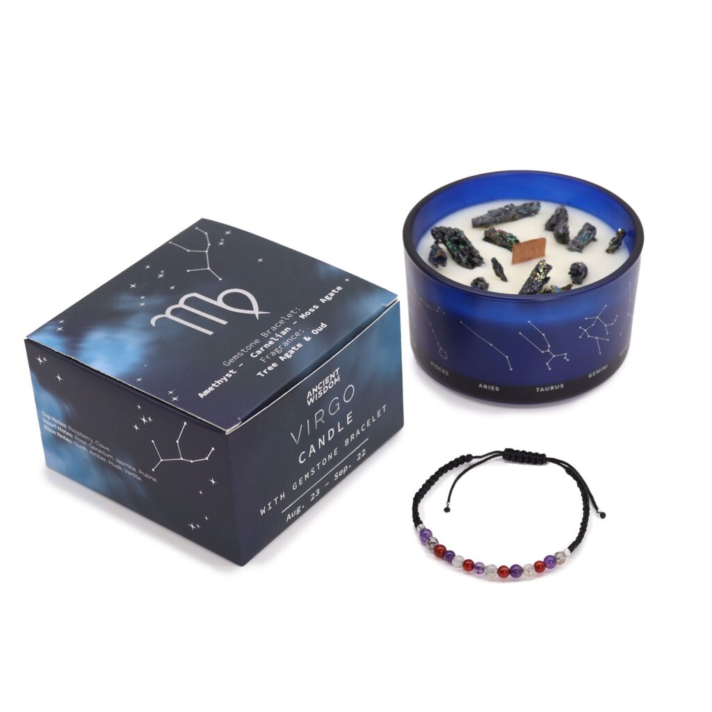 Bougie du zodiaque en verre avec bracelet en pierres précieuses – Vierge
